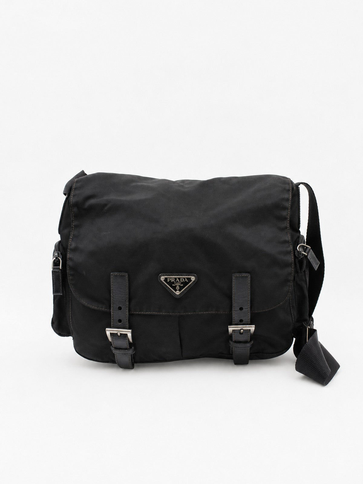 Prada Double Buckle Messenger Black Soft nylon